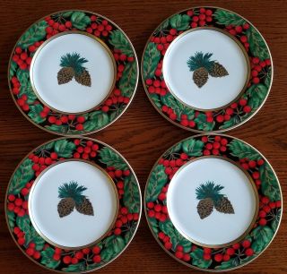 Set Of 4 Fitz And Floyd Holiday Pine Bread & Butter Plates -