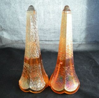 2 Vintage Model A Ford Marigold Crackle / Soda Gold Carnival Glass Bud Vases 5