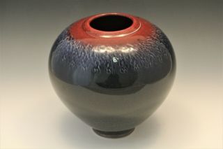 Wheel Thrown Pottery Vase 8 " X8 " Blue Glaze With Red Ring - Rollins