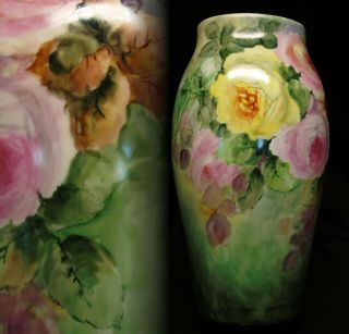 Antique/vintage Victorian Limoges Hand Painted Roses Large Porcelain Vase France