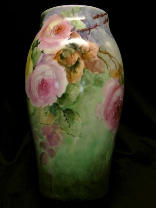 Antique/Vintage Victorian Limoges Hand Painted Roses Large Porcelain Vase France 2