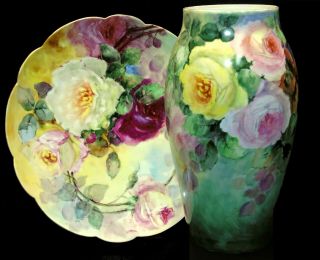 Antique/Vintage Victorian Limoges Hand Painted Roses Large Porcelain Vase France 7