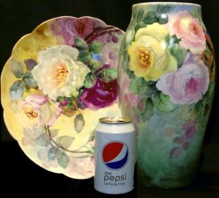Antique/Vintage Victorian Limoges Hand Painted Roses Large Porcelain Vase France 8