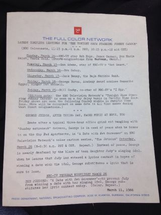Nbc Johnny Carson The Tonight Show 1966 Weekly Press Dept Paper