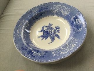 (4) Rare Antique Spode Blue Camilla Large Rim Soup Bowls - 10 Inch & Htf