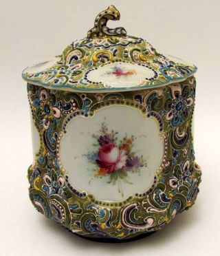 Antique Hand Painted Nippon Porcelain Moriage Cracker/Biscuit Jar 5