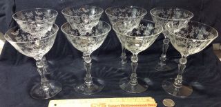 8 Antique Fostoria Chintz Etched Crystal Cordial Champagne Glasses