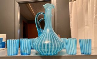FENTON (Beaumont Glass Co. ) Blue OPALESCENT Rib OPTIC Wine Decanter SET Yr 1899 3