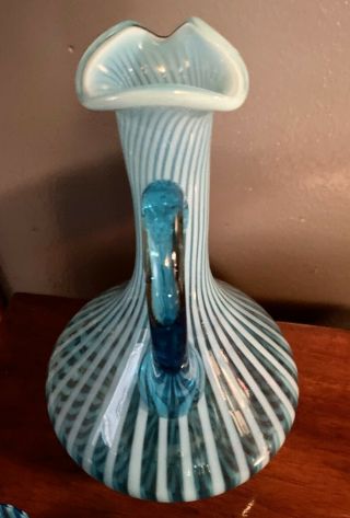FENTON (Beaumont Glass Co. ) Blue OPALESCENT Rib OPTIC Wine Decanter SET Yr 1899 4