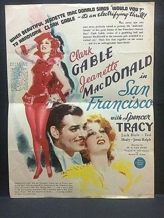 1936 Movie Herald.  " San Francisco ".  Clark Gable,  Jeanette Macdonald & S.  Tracy