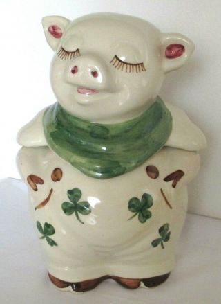 Vintage Shawnee Pottery Smiley Pig Cookie Jar Green Clover Design W Brown Exc