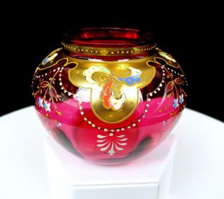 Moser Glass Bohemian Czech Cranberry Gold & Enamel Panel Optic 3 " Vase 1880 - 1920