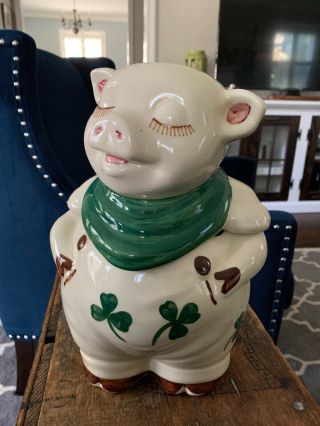 Vintage Shawnee Pottery Smiley Pig Cookie Jar Green Shamrocks