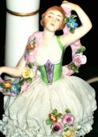 Antique German Art Deco Dresden Lace Lady Dancer Flapper Porcelain Lamp Figurine