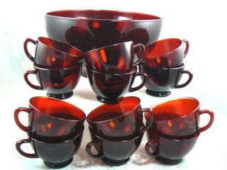 Vintage Anchor Hocking Royal Ruby Red Punch Bowl and 12 Cups Set 3