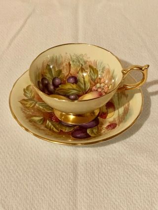 Display Only Aynsley Orchard Fruit Gold Teacup & Saucer Yellow Signed D.  Jones