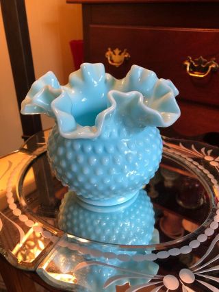 Fenton Blue Pastel Milk Glass Hobnail 5 1/2 " Vase,  Rose Bowl - Crimped Top Edges