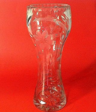 Antique American Brilliant Cut Glass Corset Vase.  12 " X 5 " Etched Cut Floral