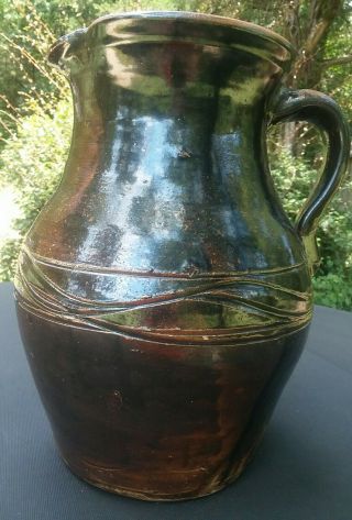 Antique Stoneware Glazed Pottery Water Pitcher Brown Southern Gallon Combed