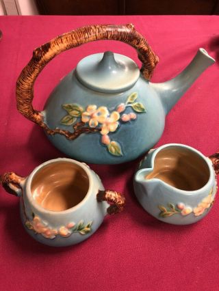 Vintage Apple Blossom Roseville Tea Pot Sugar Creamer Set Blue 371 - P Teapot