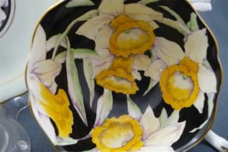 Wide Black Hand Painted Paragon England Daffodil Flowers Tea Cup & Saucer Duo 2