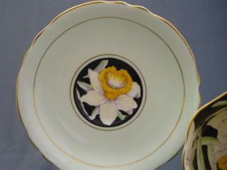 Wide Black Hand Painted Paragon England Daffodil Flowers Tea Cup & Saucer Duo 3