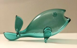 Mid Century Blenko Art Glass Fish Sea Green Sculpture Vase Hand Blown 971 - S