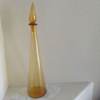 Vintage Amber Yellow Mid Century Modern Unique Glass Decanter W Stopper
