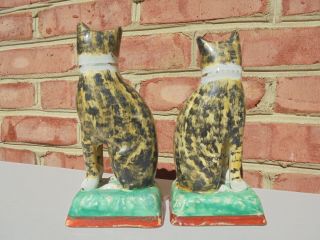 Pair Antique 19th C Staffordshire Pottery Cat Figures Sponge Type Decor 7 