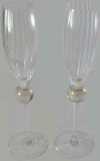 Union Street Art Glass Manhattan Gold Ball Stem Champagne Flute Set Of Two Sgnd