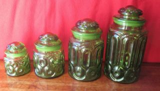 ANTIQUE 1930 ' s L.  G.  WRIGHT MOON & STARS Green Canister Set,  GROUND GLASS LIDS 2