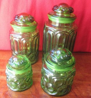 ANTIQUE 1930 ' s L.  G.  WRIGHT MOON & STARS Green Canister Set,  GROUND GLASS LIDS 3