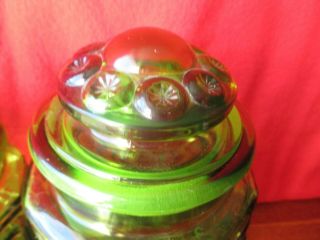 ANTIQUE 1930 ' s L.  G.  WRIGHT MOON & STARS Green Canister Set,  GROUND GLASS LIDS 5