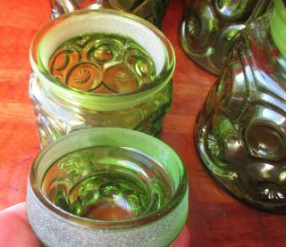 ANTIQUE 1930 ' s L.  G.  WRIGHT MOON & STARS Green Canister Set,  GROUND GLASS LIDS 7