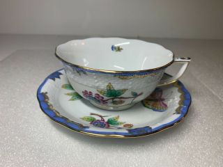 Herend Blue Border Queen Victoria Tea Cup And Saucer 734 Vbo Y5
