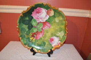 Large Antique Limoges Coronet France Handpainted Plate 13 " Gold Trim Pink Roses