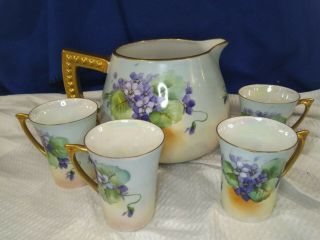 Bavaria Vintage Mid - Century Art Deco Cider Pitcher And 4 Cups Hand - Painted
