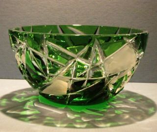 Caesar Crystal Green Bowl Hand Cut To Clear Overlay Czech Bohemian Cased Nib
