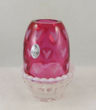 Fenton Cranberry Opalescent Heart Optic 2 Piece Fairy Light W/ Tea Light Candle