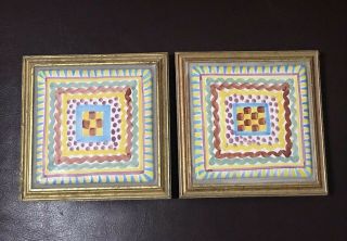 Estate Vintage Mackenzie Childs Ceramic Framed Tile Trivet Pair 5 1/8 "