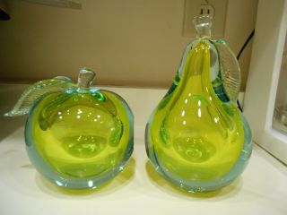 Vintage Mid Century Murano Glass Barbini Clear Green Bookends Apple & Pear