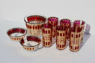 Culver Cranberry Gold Scroll Highball Glasses Set Of 6 With Ice Bucket And Bowls