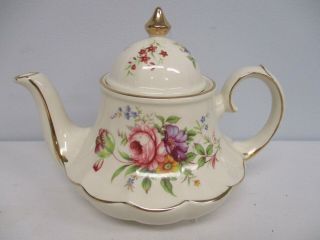 Vintage Sadler Carousel Teapot With Gold Edge & Pretty Pink Rose & Flowers
