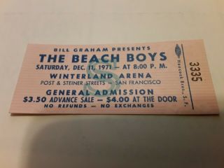 Beach Boys Dec 11 1971 Winterland Full Ticket Vg Stains Back Rare Vtg Htf