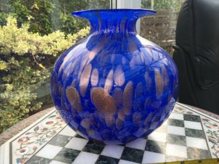 10” Vintage Cobalt Blue Art Glass Vase With Copper Aventurine Globe Murano Vgc