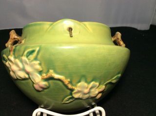 Vtg Roseville Art Pottery Green Apple Blossom Basket Planter Brass Chain