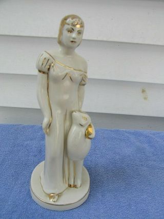 Rare Old Abingdon U.  S.  A.  Art Pottery Girl Animal Lamb Figure 3906