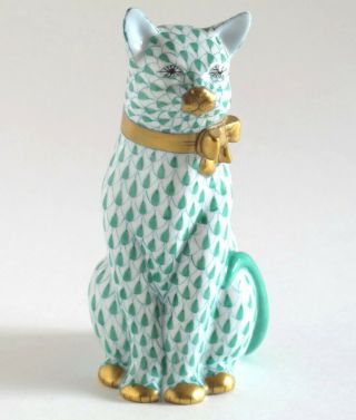 Herend Full Size Sitting Cat Green Fishnet With Gold Bow Tie Perfect