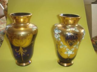 2 Czech Republic Bohemia Cobalt Blue And Gold 6 Inch Vases