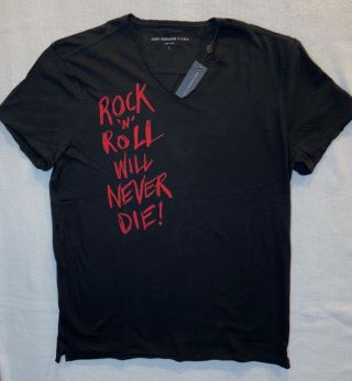 Nwt John Varvatos Mens Rock N Roll Will Never Die Graphic Black V - Neck T - Shirt L